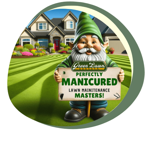 A cheerful garden gnome holds a sign proclaiming 'Perfectly Manicured Lawn Maintenance Masters!' in front of a stunning residential lawn serviced by Green Lawn Augusta. The pristine, striped grass complements the lush, colorful flowerbeds and the inviting home in the background, highlighting the exceptional lawn maintenance service provided in Augusta, GA.