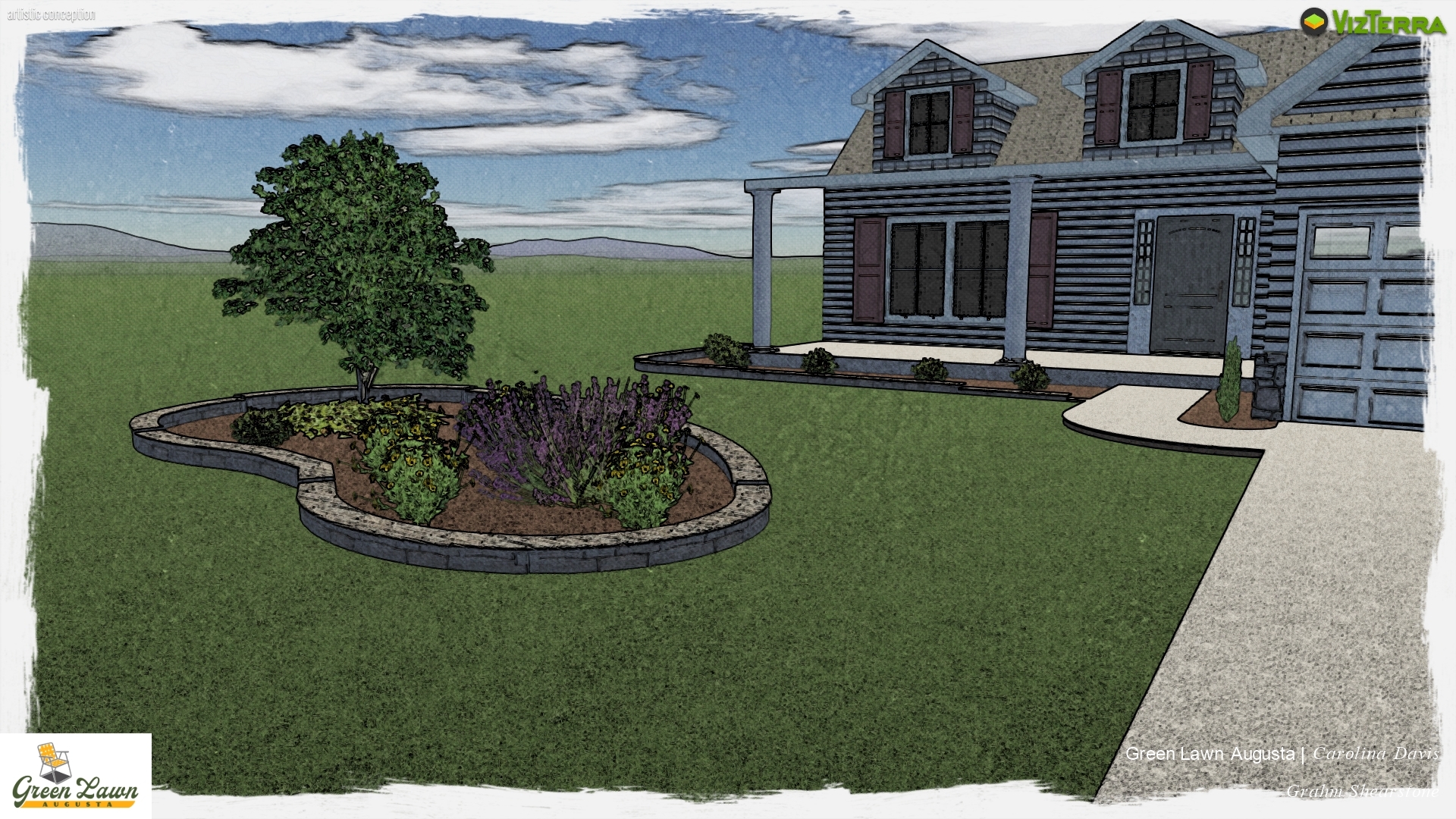 Landscape design rendering with fresh mulch beds and curb appeal upgrades